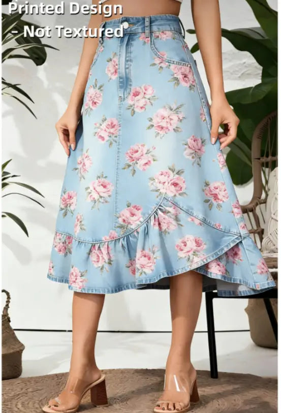Hellblauer Jeansrock mit einem floralen Muster aus pinken Rosen und grünen Blättern sowie einem hohen Bund mit Rüschen und ausgestelltem A-Linien-Saum.