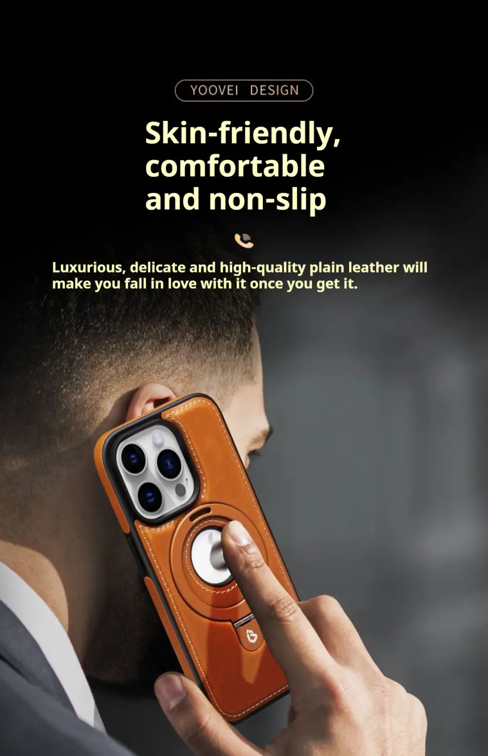 Orange leather iPhone 16 Pro Max magnetic case with circular magnetic ring and side button shown from the back side.