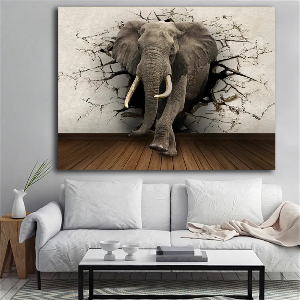 Die Elefant-3D-Leinwand-Wandkunst zeigt einen grauen Elefanten mit weißen Stoßzähnen, der aus einer gerissenen Wand auf einen Leinwand-Print hervorgebracht ist, der für ein explodierendes Dekor gestaltet wurde.