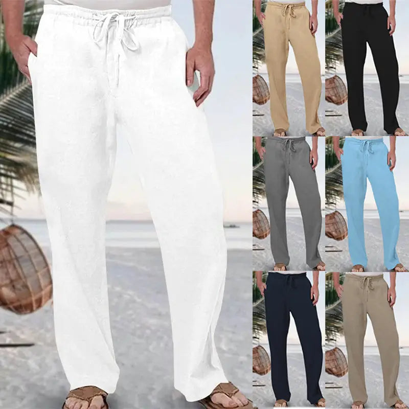 Men linen straight leg casual pants in white featuring a lightweight breathable fabric with a relaxed fit and drawstring waist with side pockets.