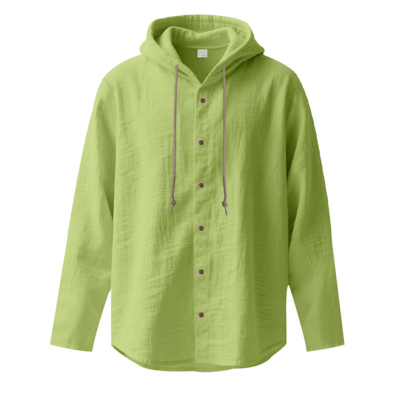 A light green men linen hooded cardigan shirt featuring a relaxed fit, button-up front, and matching drawstrings.