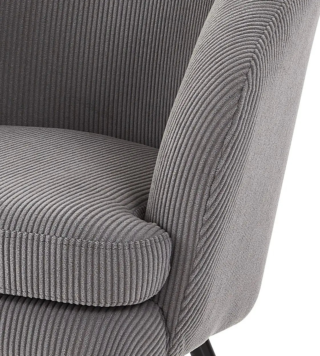 Gray corduroy barrel chair with soft ribbed texture and black metal legs featuring clean lines.