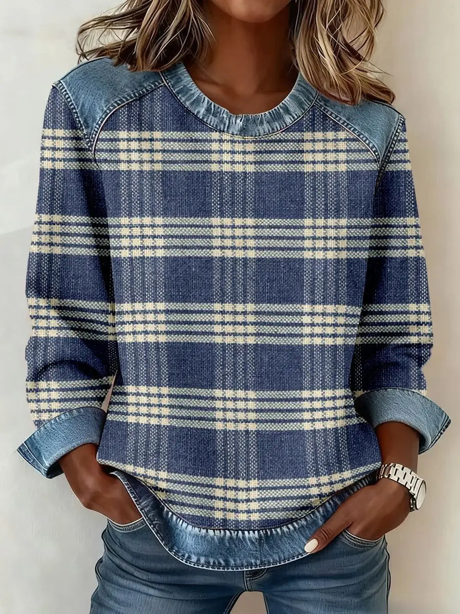 Sweat-shirt manches longues à carreaux bleu et blanc avec des panneaux d’épaules en denim et des accents en denim à paillettes rouges