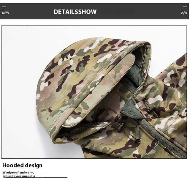men’s waterproof tactical fleece soft shell jacket featuring a camouflage-patterned hood in green brown and beige tones on water-resistant fabric.