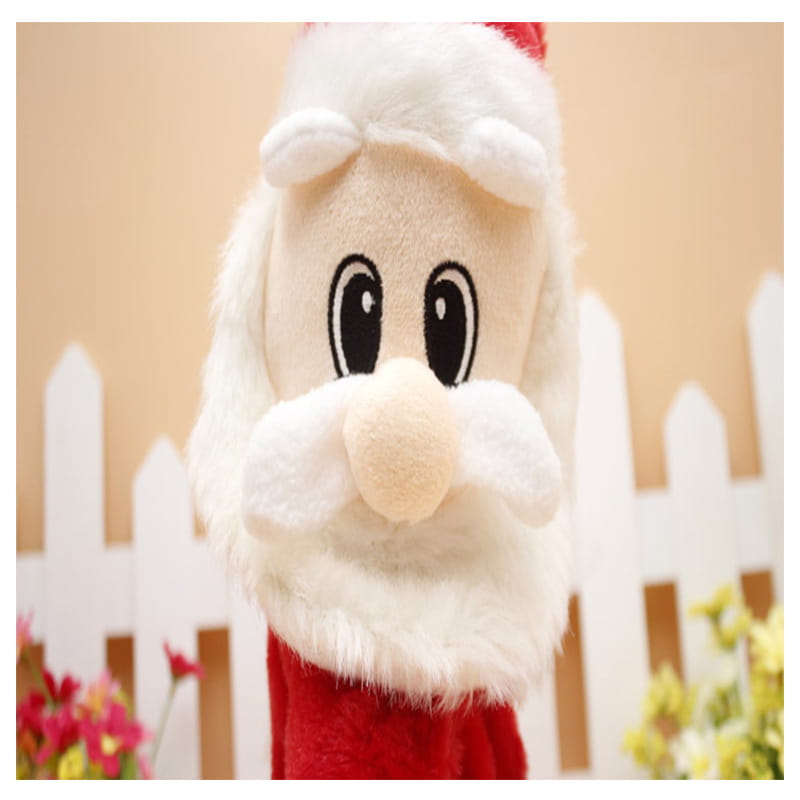 White plush electric santa claus hand puppet with a red hat and matching red sleeve designed as a shaking hips musical toy measuring 46cm.