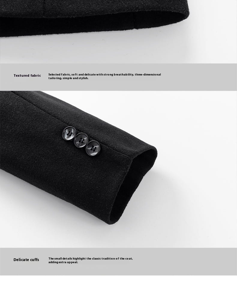 men woolen overcoat with quilted lining in black textured wool featuring three black buttons on the cuff.