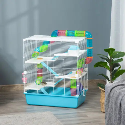 Pawhut 5 tier hamster cage with white metal bars multilevel colorful plastic tubes and platforms and bright blue base.
