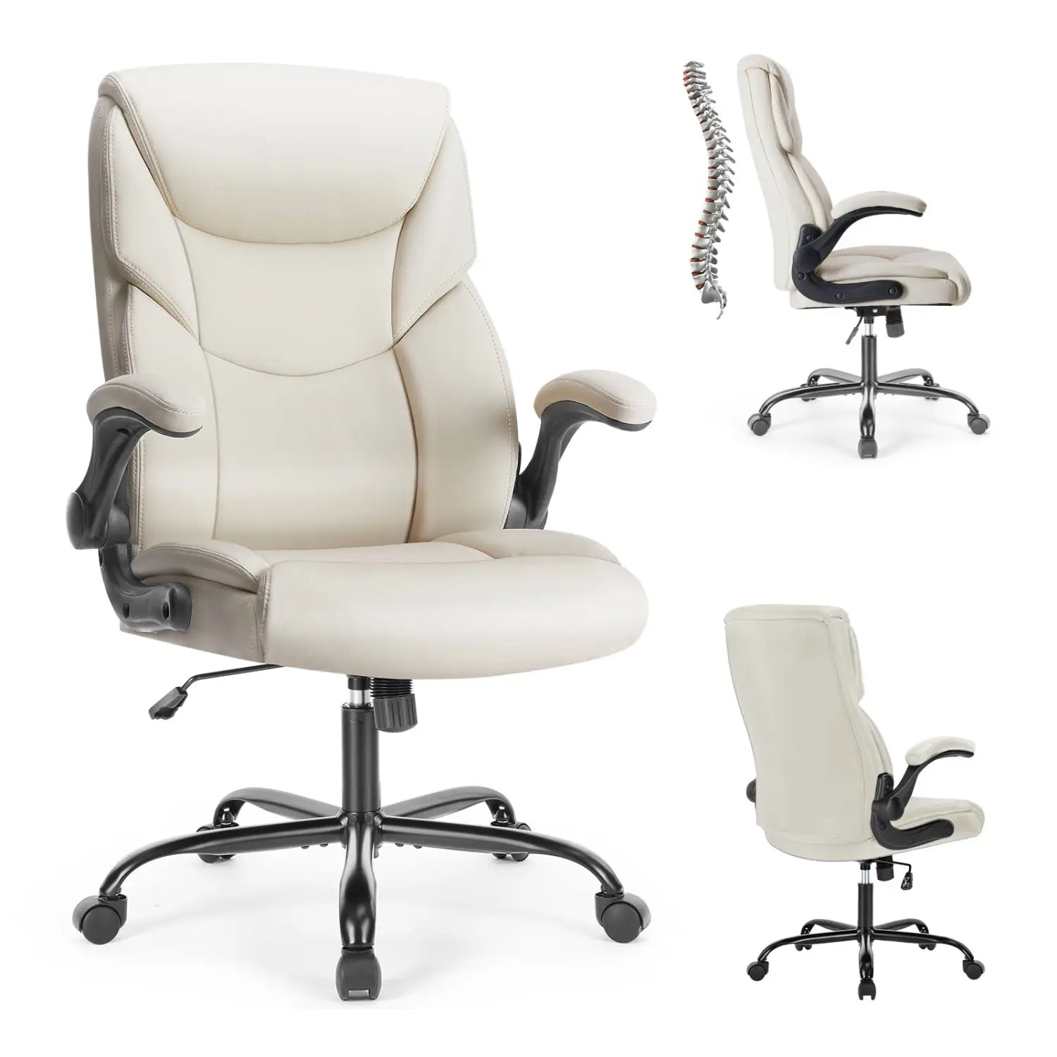 Silla de oficina ergonómica de polipiel color crema con apoyabrazos abatibles negros y base negra, diseñada para uso en oficina.