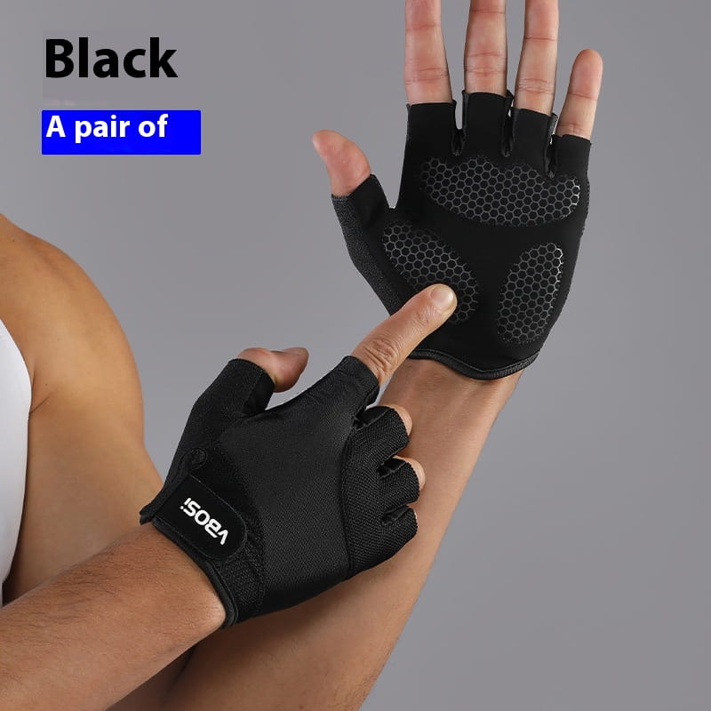 Black fingerless weightlifting fitness gloves with anti-skid textured grip panels and a branded wrist strap shown from the back side.