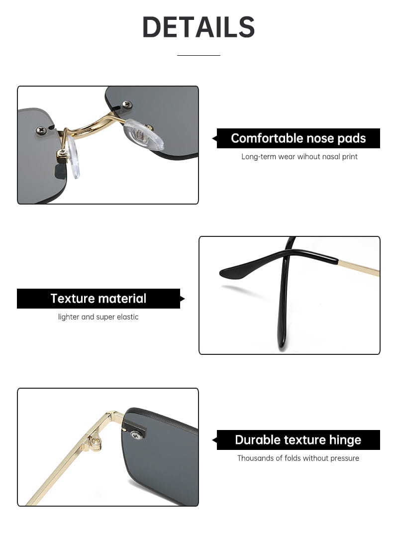 Retro-Sonnenbrillen ohne Rand im quadratischen Format mit goldfarbenen Umrandungen, dunkelgrauen Gläsern und transparenten Nasenpads.