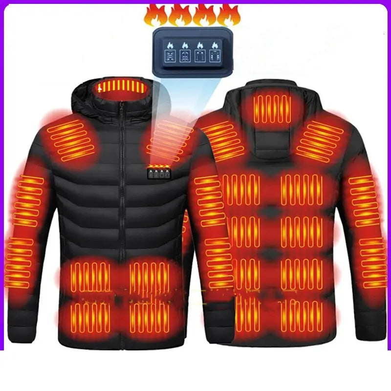 Damen-Heizsteppjacke aus Baumwolle in Schwarz mit leuchtenden orangefarbenen Heizelementen und Bedienfeld auf der Brust.
