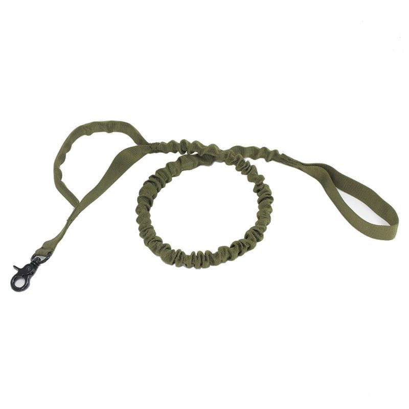 tactical bungee dog leash in olive green elastic with a black metal clip for secure pet control.