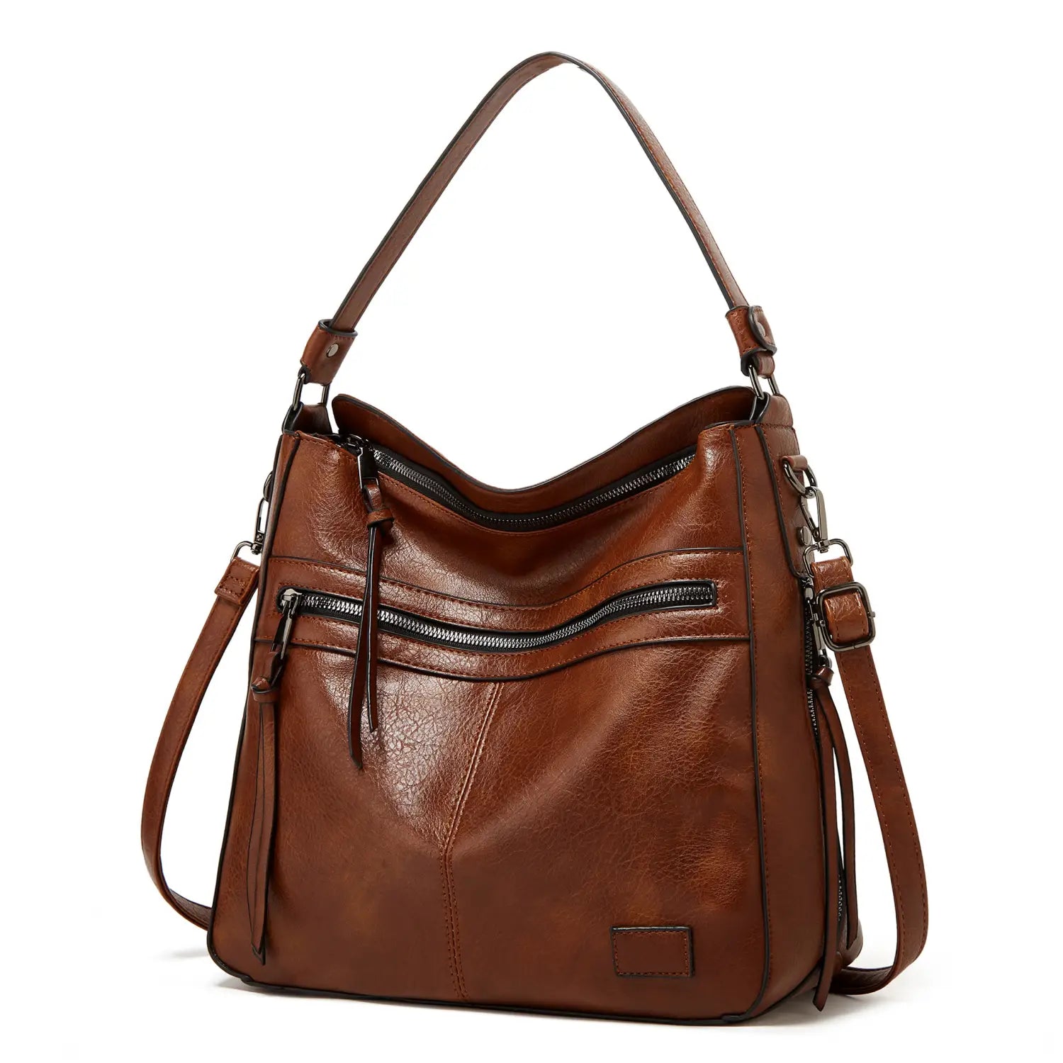 Braune Lederschultertasche mit mehreren Reißverschlüssen und verstellbaren Trägern, gestaltet als Hobo-Crossbody-Tote.