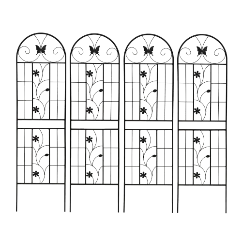 Four arched ornate rustproof butterfly iron metal garden trellis panels with intricate floral designs 71in tall.