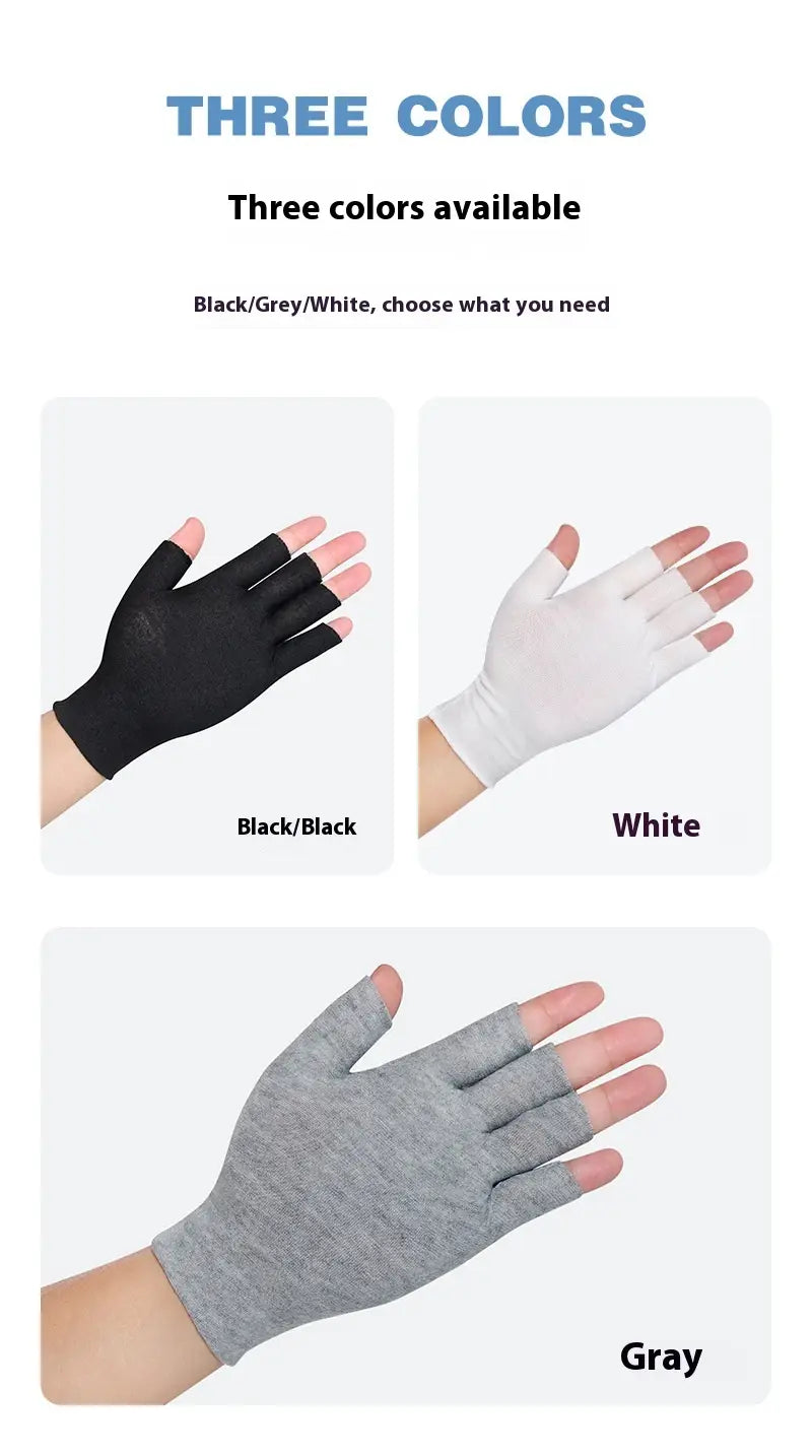 Atmungsaktive weiße Baumwoll-Handschuhe ohne Finger (Fingerless), aus weichem Strickmaterial, von der Rückseite gezeigt, in Schwarz-Grau und Weiß.