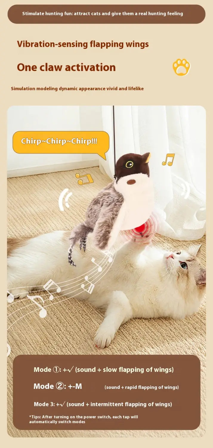 An interactive bird cat toy featuring a plush owl with black and white wings, a red belly, and a black mask-like face that produces automatic sounds.