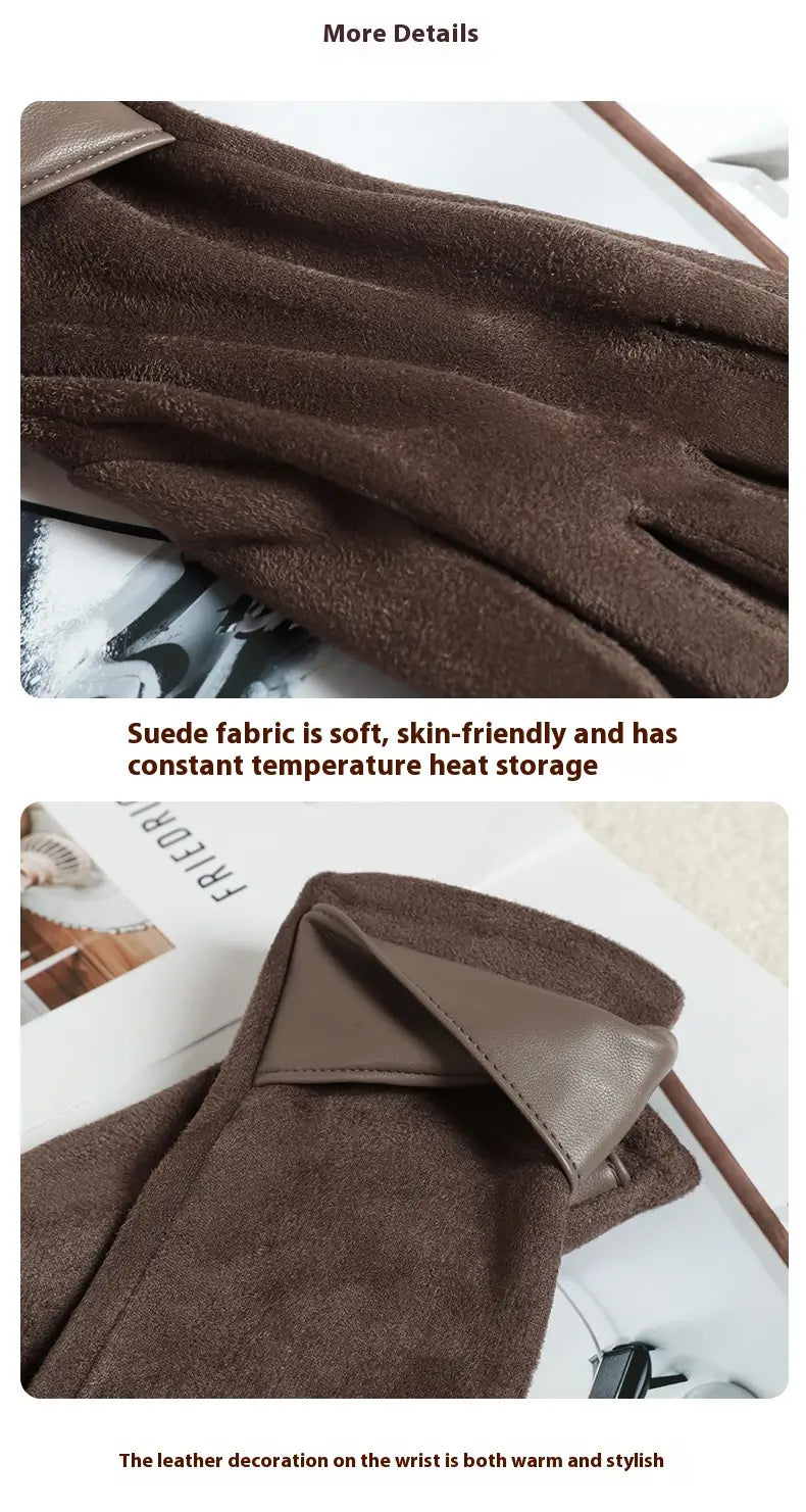 brown suede touchscreen fleece lined bow gloves shown from the back with a contrasting leather wrist accent