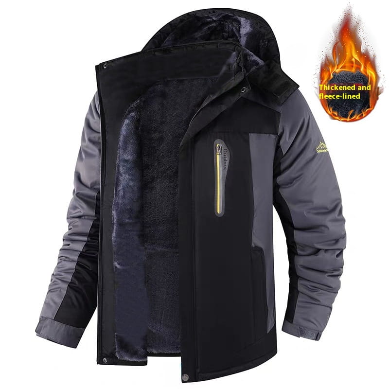 Men’s mid length insulated winter jacket in black and gray with thick fleece lined hood for cold weather protection.