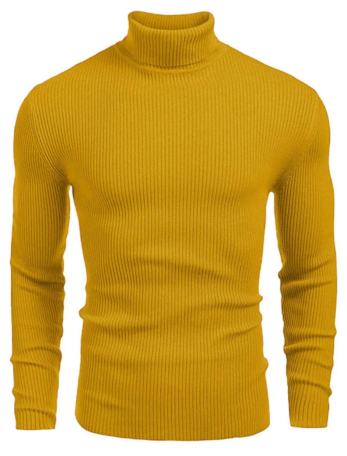 Ein senffarbener Herren-Turtleneck-Pullover Slim Fit aus geripptem Strick mit eng anliegendem, formschlüssigem Design.