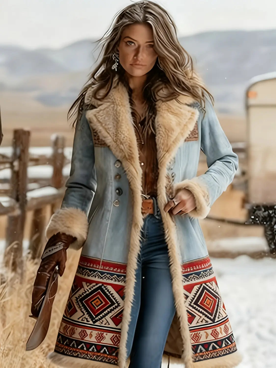 Ein hellblauer Jeansleder-Shearling-Mantel mit floraler Stickerei; mit einem cremefarbenen Futter sowie Bündchen, die kräftige rot-schwarze und beigemusterte geometrische Designs entlang des Saums aufweisen.