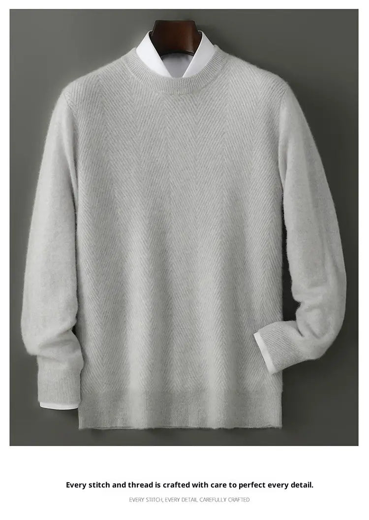 Light gray men’s crewneck cashmere pullover sweater with subtle herringbone knit pattern and ribbed cuffs.