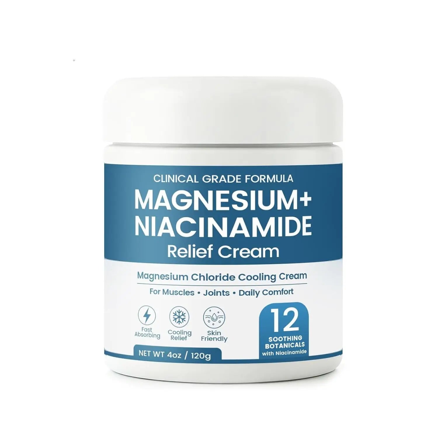 A white plastic jar with a blue and white label featuring magnesium plus niacinamide relief cream in bold text for Magnesium Niacinamide Relief Body Cream 120g.