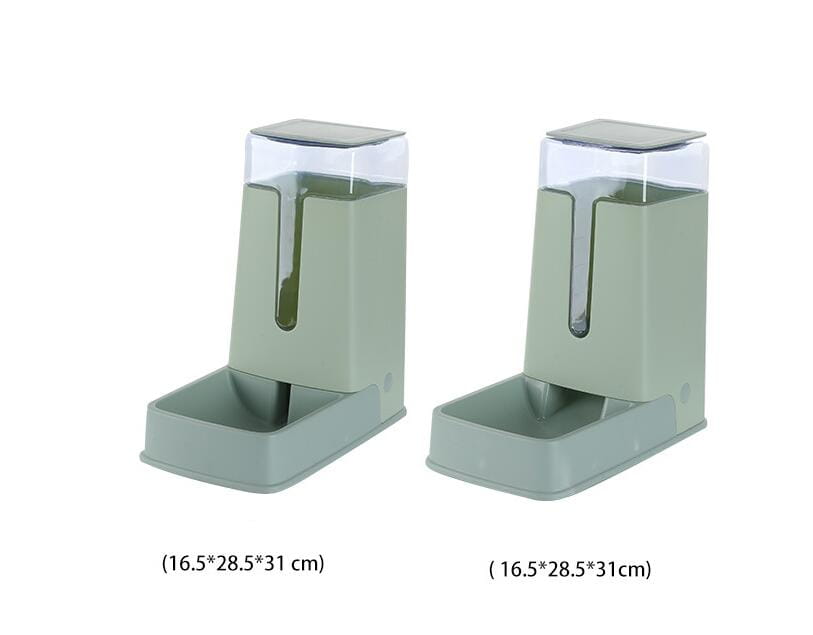 Two identical light green plastic automatic pet water dispensers with transparent tops and rectangular bases for convenient pet hydration.
