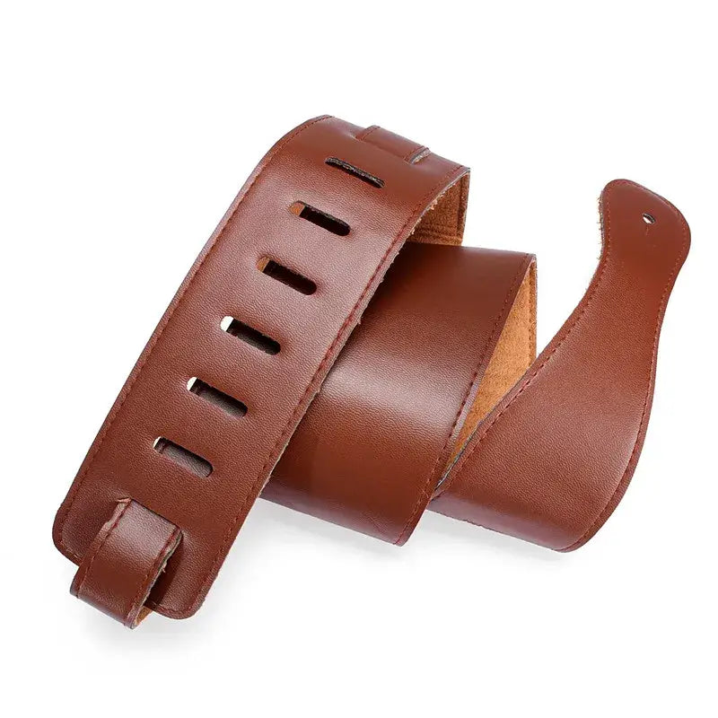 brown leather guitar strap with evenly spaced rectangular holes and suede lining adjustable from 110 to 130 cm for comfortable playing