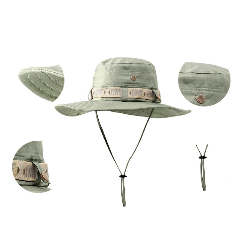 Chapeau bac utilitaire à large bord vert olive offrant une protection contre les UV pour hommes, avec une bande en tissu à motif et une mentonnière réglable.