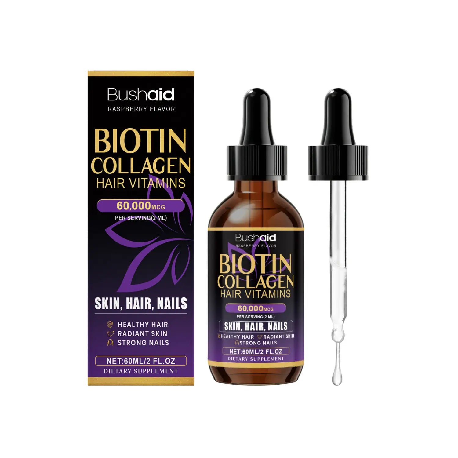 Bushaid biotin collagen hair drops raspberry liquid vitamin in a brown glass dropper bottle with black cap and matching pipette.