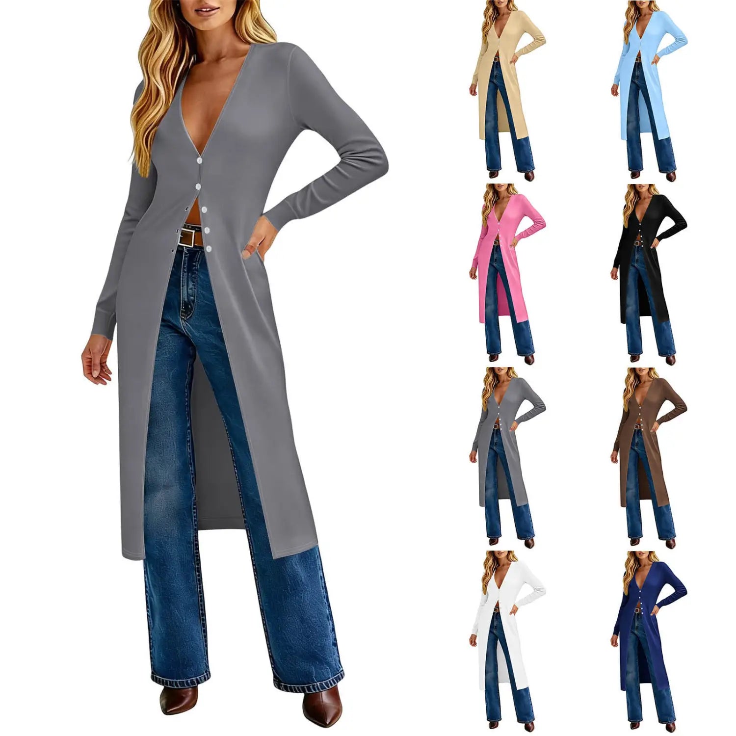 Women slim fit gray button front cardigan with long sleeves v-neck and side slit worn over wide-leg jeans