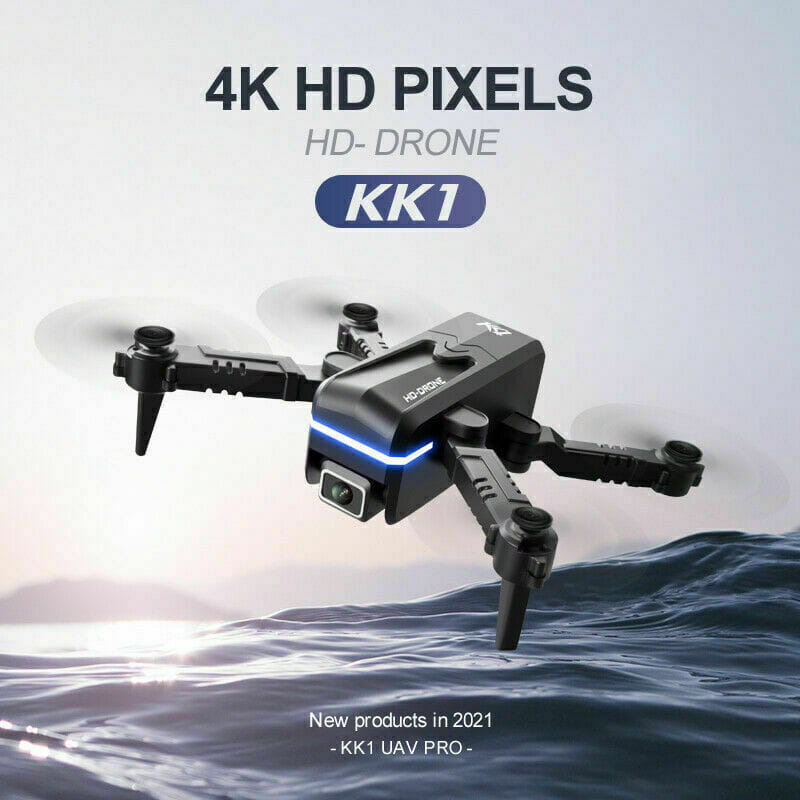 Drone quad à air HD kk1 noir, conception radiocommandée pliable et éclairage à LED bleues le long du corps, pour une meilleure visibilité nocturne