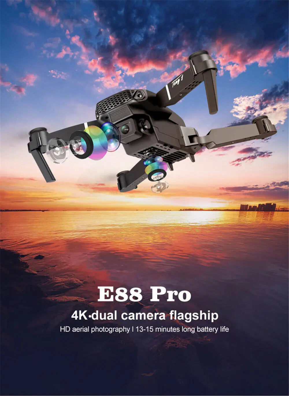 Black e88 pro 4k dual camera foldable fpv quadcopter drone with a sleek and compact design shown from the back side.