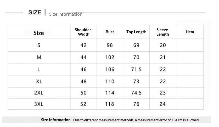 Size chart for a women’s top showing measurements in centimeters for sizes s through 3xl alongside a men’s casual short sleeve pure linen button down shirt.