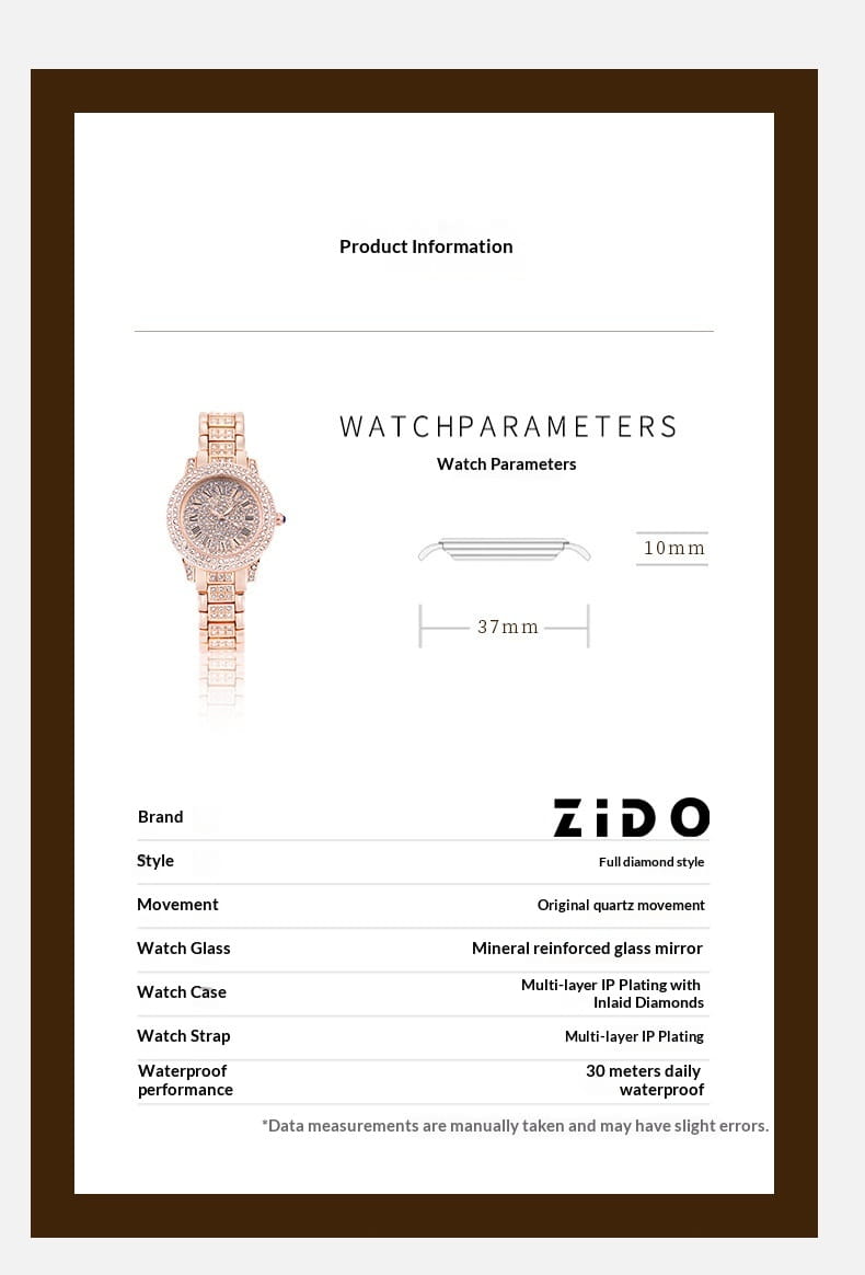 Rose gold zido diamond encrusted women’s quartz watch featuring mineral reinforced glass mirror and multi-layer ip plating.