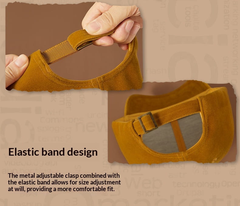 A mustard-colored suede shoe with an elastic band and metal adjustable clasp shown from the back, complementing the men suede baseball cap thickened winter hat.