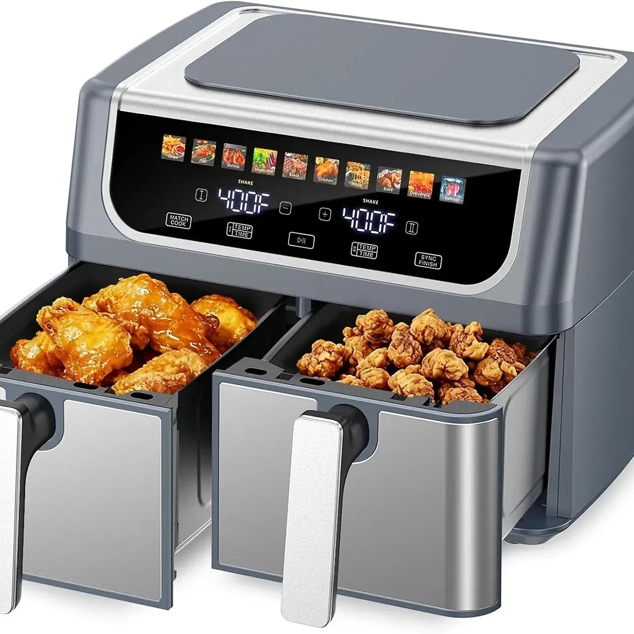 Doppelkörbchen-Heißluftfritteuse mit 9,5 Quart Fassungsvermögen, mit zwei getrennten Fächern, eleganter grauer und Edelstahl-Ausführung, mit digitalen Bedienelementen, die für beide Fächer 400 Grad Fahrenheit anzeigen.