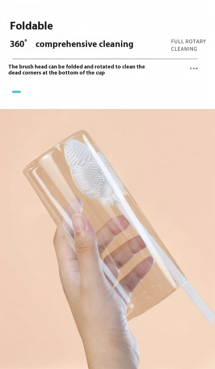 Transparent plastic cup with a foldable white silicone brush head designed for 360-degree cleaning in the cup brush long handle glassware cleaning tool.
