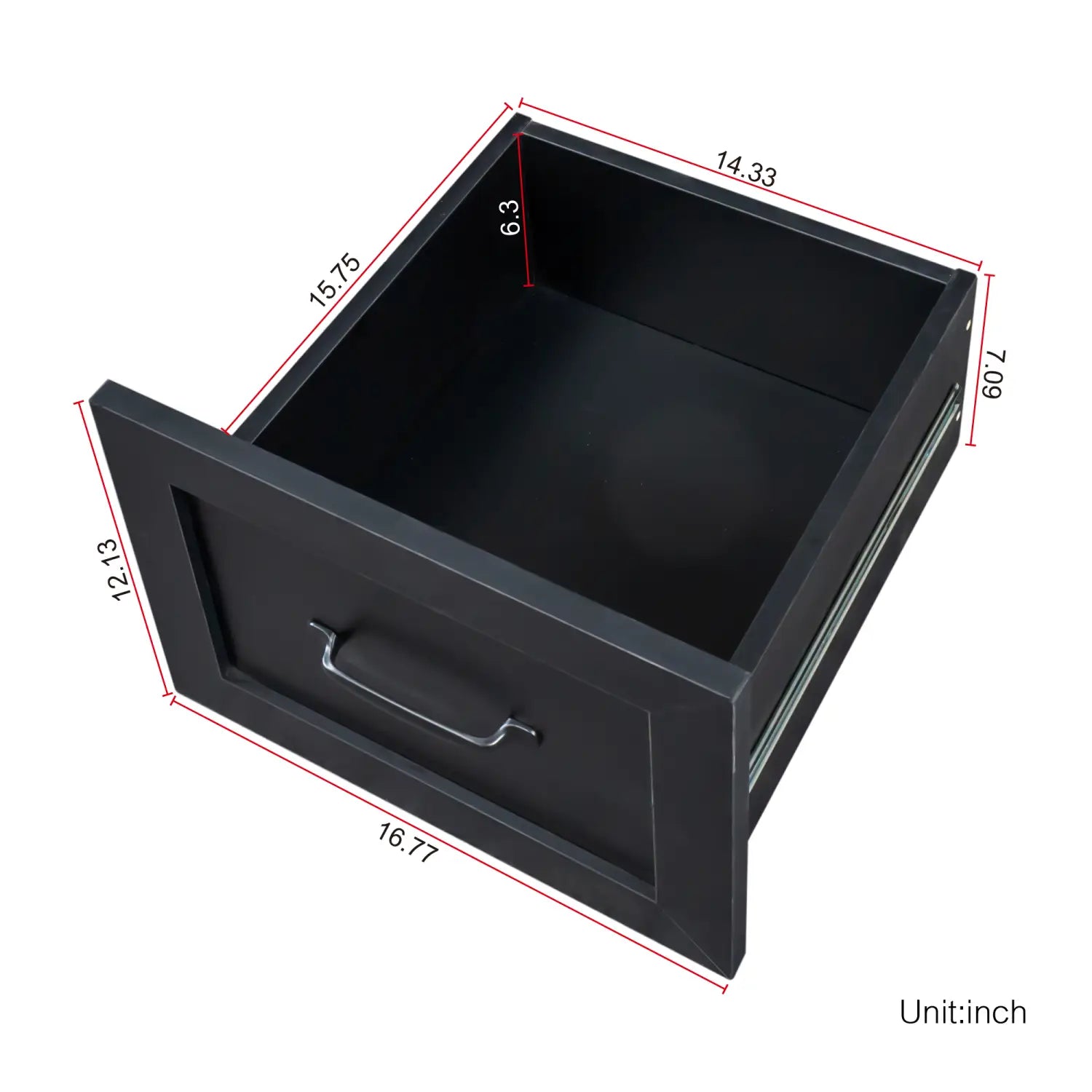 Tiroir en métal noir au design rectangulaire élégant et à poignée argentée, faisant partie d’un bureau d’ordinateur en forme de L avec hutch et tiroirs.