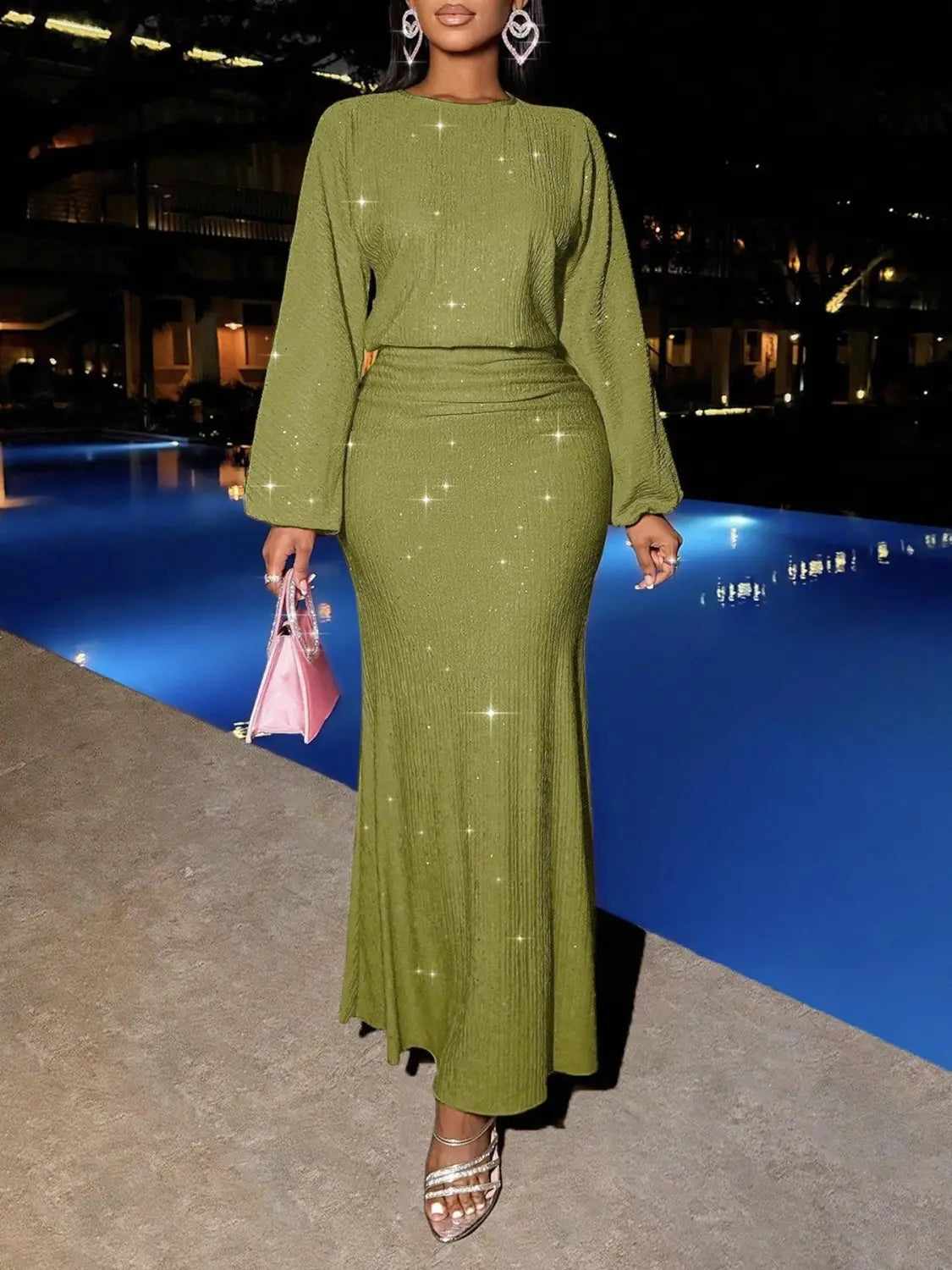 olive green sequined long-sleeve two-piece dress with a fitted waist and flared skirt featuring sequin lantern sleeves in a mermaid style