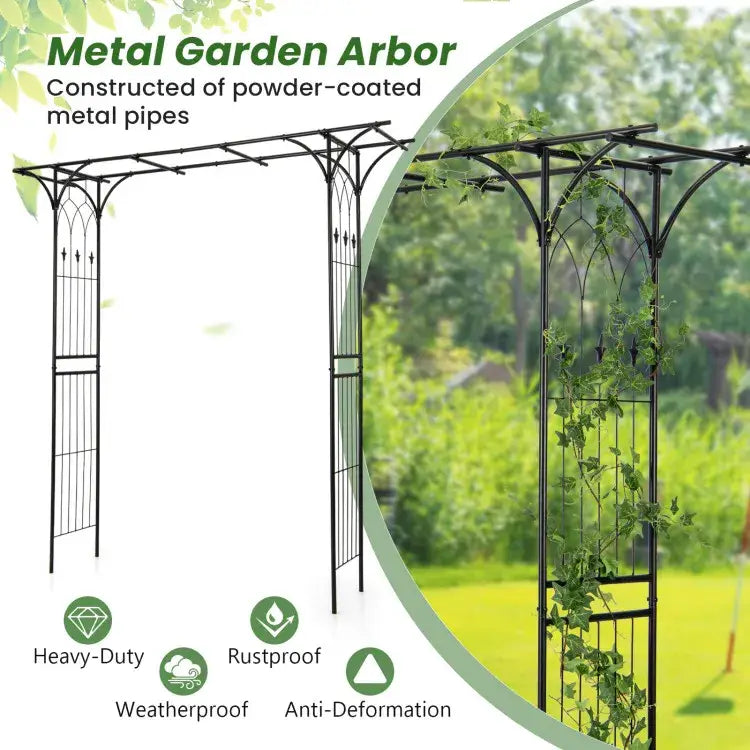 black powder-coated metal garden arbor archway with ornate arches and vertical lattice designed for climbing plants, 81 inches tall