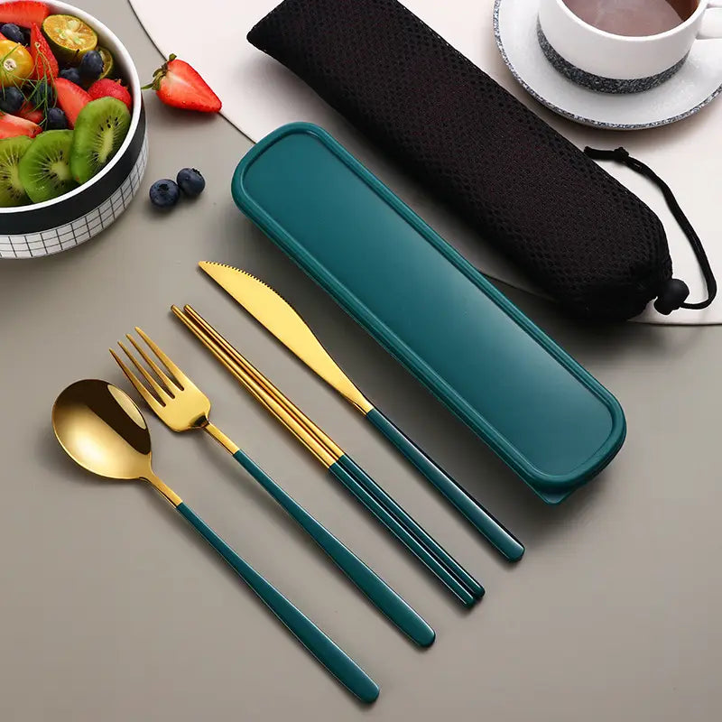 Teal and gold stainless steel portable cutlery set with matching carrying case for convenient travel use