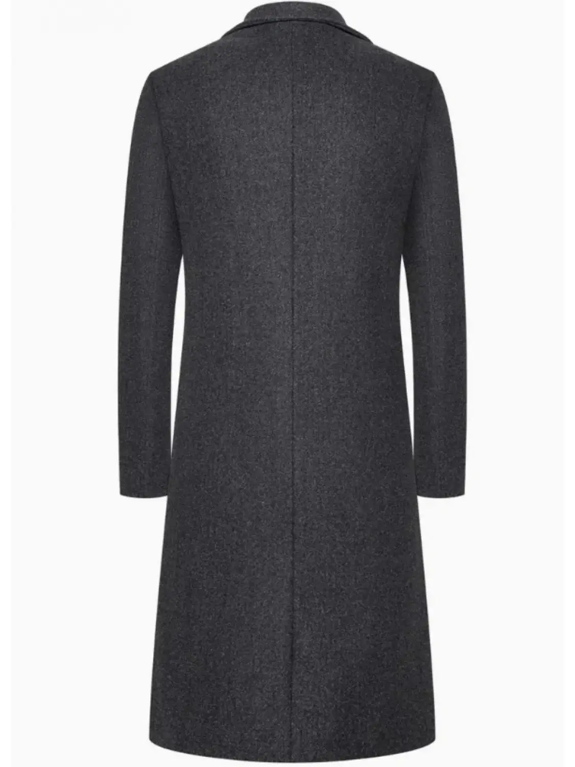 a dark gray textured woolen trench coat above the knee featuring a classic notched collar and straight-cut sleeves