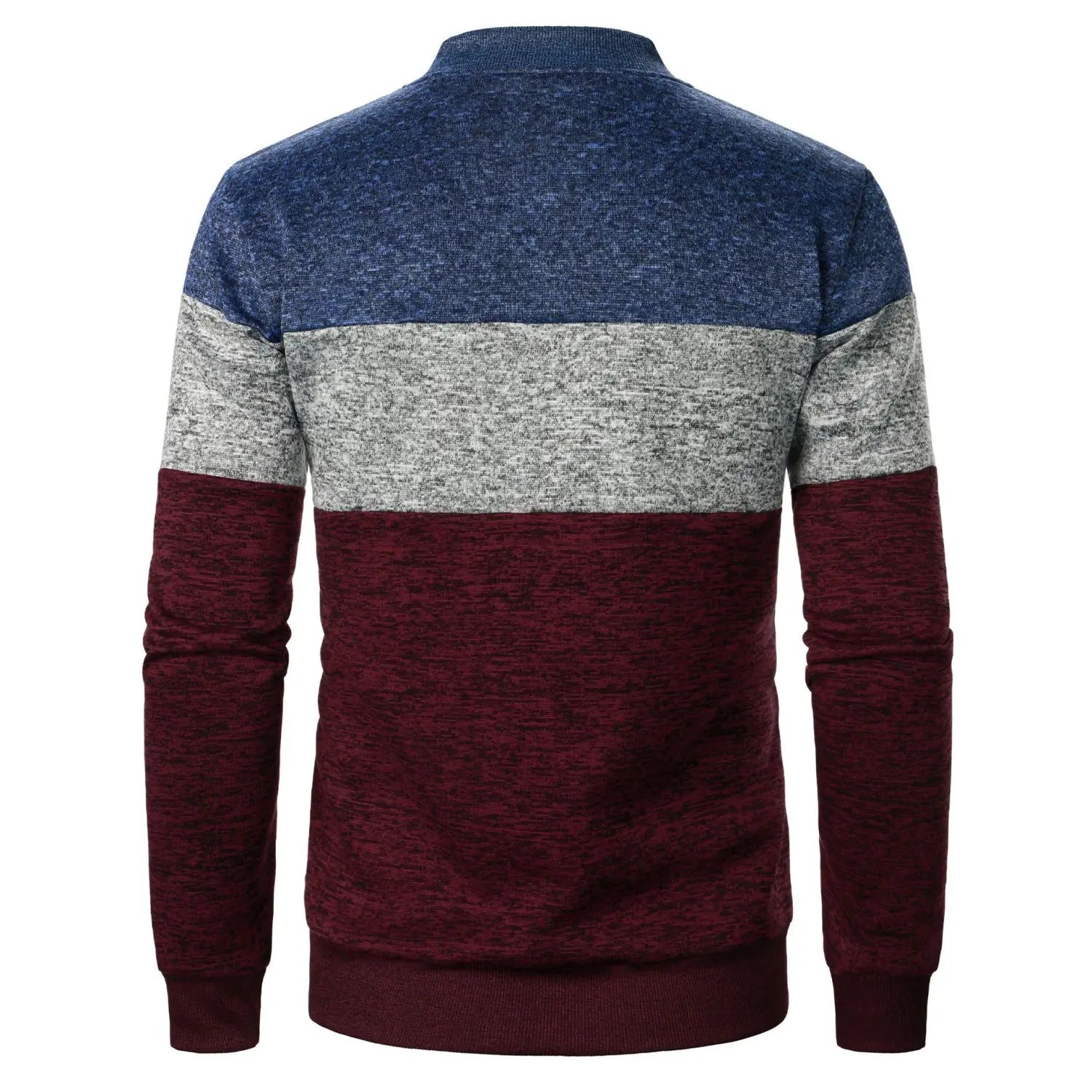 A men’s colorblock knit bomber jacket featuring a three-tone navy blue, heather gray, and maroon horizontal stripe pattern made of knit material.