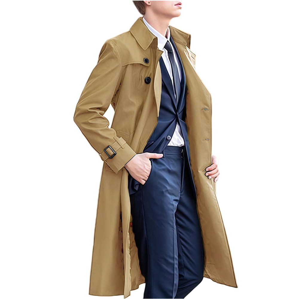 men solid color long trench coat in tan featuring black buttons and belt loops