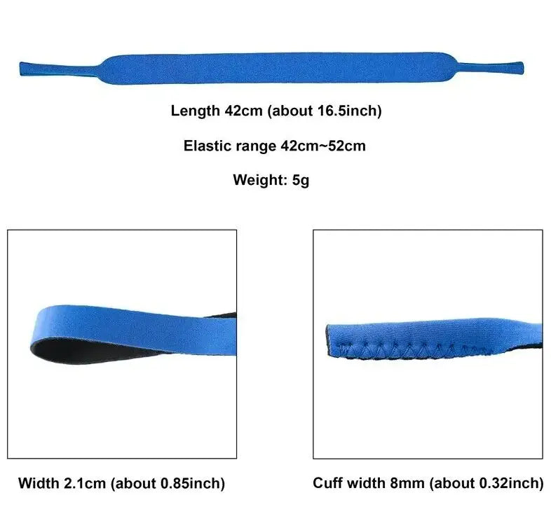 Blue elastic strap with textured surface and reinforced ends as part of a 4-pack adjustable sports sunglasses straps and eyewear lanyards set.
