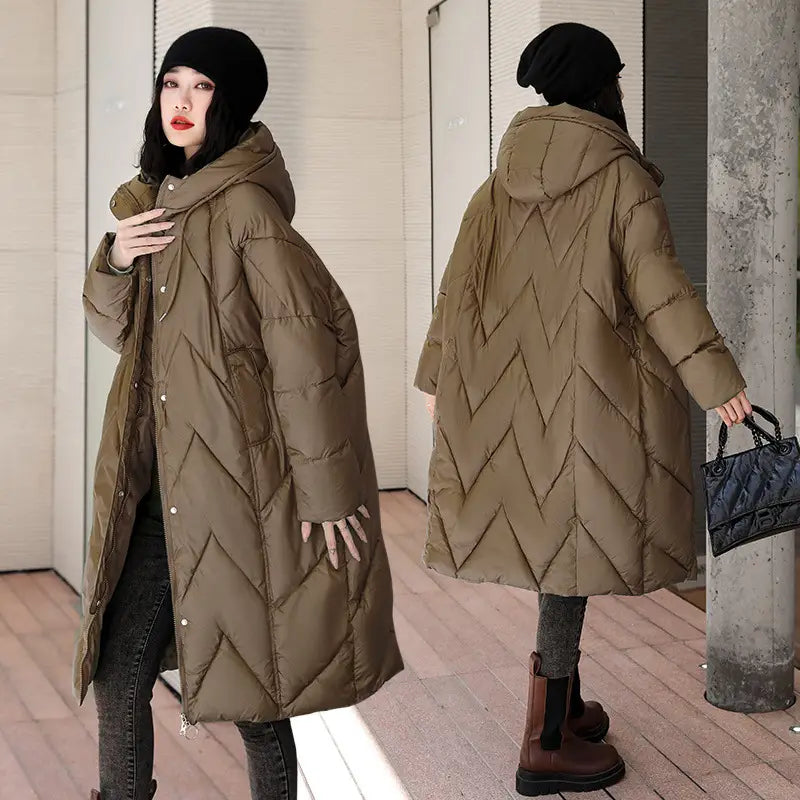Women mid length padded down jacket in olive green quilted design with a hood and front button closure ideal for winter wear.