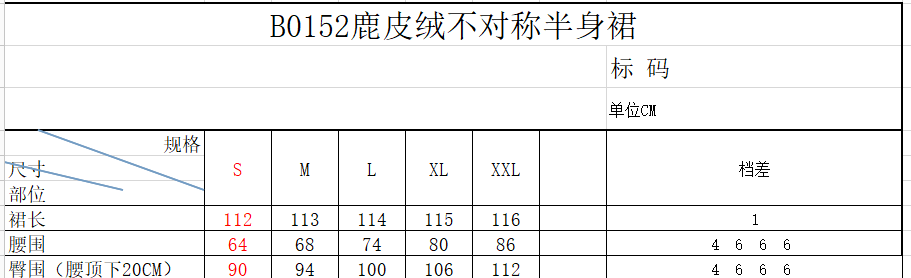 非対称のフリルがあしらわれたスエードおよびベルベットのスカートに、黒のフェイクレザー素材のB0152非対称ハーフボディドレスを組み合わせた仕様で、サイズ表記はセンチメートルです。