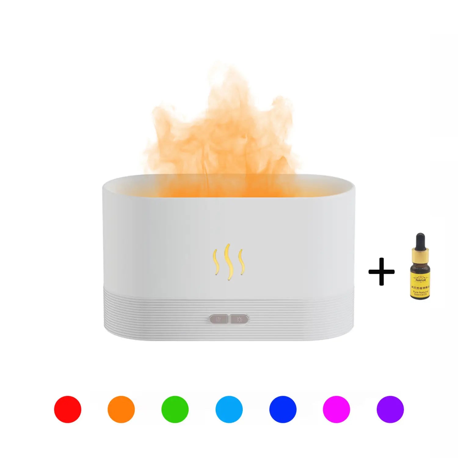 White rectangular flame humidifier RGB essential oil aroma diffuser with glowing orange flame effect and yellow steam icon on front alongside small amber essential oil bottle with 180ml capacity.