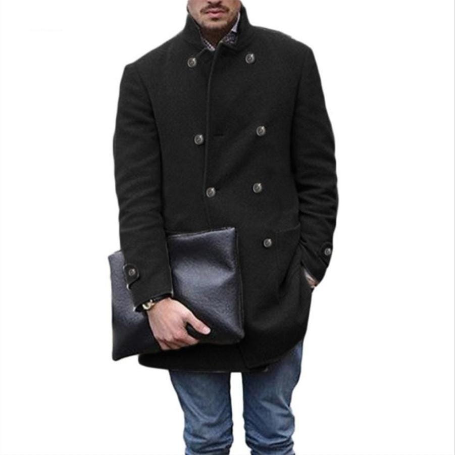 men woolen double breasted mid length coat in black wool with silver buttons.